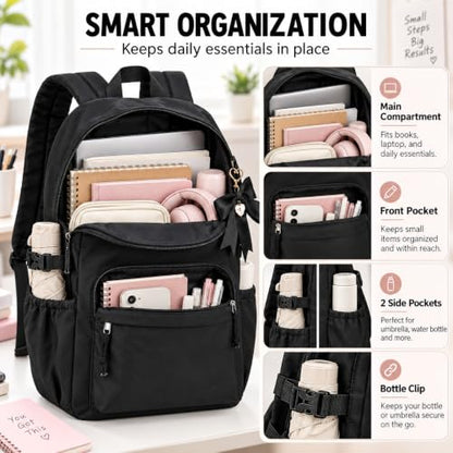 LOIDOU Girls Backpack for Kids Cute School Bookbag - color: Black With Pink, size: L-17"