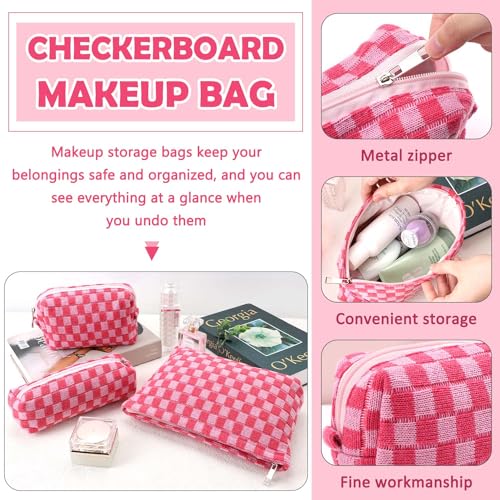3 Pcs Makeup Bag Cosmetic Bag Set for Girls Women Checkered Travel Organizer Bathroom Toiletry Pouch Large Capacity Storage Bag (Rose-Red) - color: Rose-Red