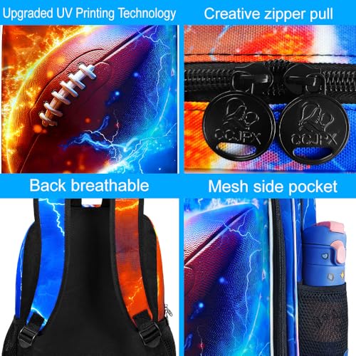 AGSDON 3PCS Rugby Backpack for Boys, 17" Kids Bookbag with Lunch Box for Boy, Flame Thunder Backpacks Water Resistant and Lightweight for Teen - color: Rugby
