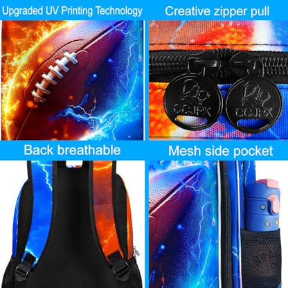 AGSDON 3PCS Rugby Backpack for Boys, 17" Kids Bookbag with Lunch Box for Boy, Flame Thunder Backpacks Water Resistant and Lightweight for Teen - color: Rugby