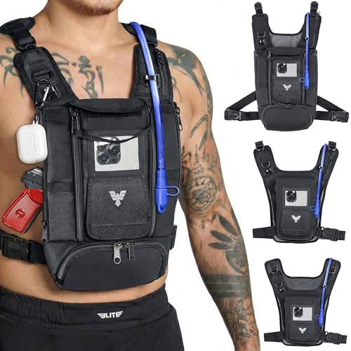Elite Hydra Running Chest Pack w/ Gun Holster, Phone Holder Touch Friendly, Camera Pocket for Men/Women Lightweight Hydration Vest Chest Rig w/ Water Bladder for Marathon, Cycling, ADV Camping, Skiing - size: Large