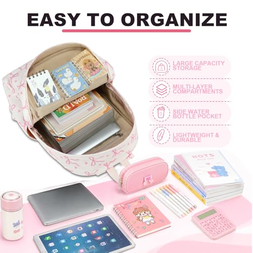 LEDAOU School Backpack for Teen Girls Elementary Middle School Bookbag Kids Backpacks 15.6 in Laptop Backpack Travel Daypack - color: A-bow Tie Love Beige