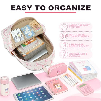 LEDAOU School Backpack for Teen Girls Elementary Middle School Bookbag Kids Backpacks 15.6 in Laptop Backpack Travel Daypack - color: A-bow Tie Love Beige