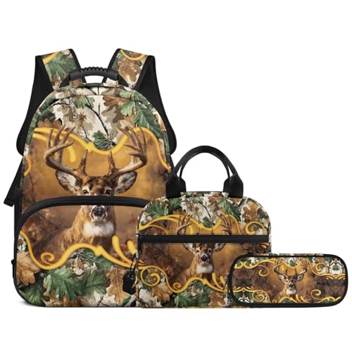 3PCS Backpack for Boys Girls Teens, 3 in 1 Tree Branch Deer Lightweight 17 Inch School Backpack with Lunch Box Pencil Case for Middle High Students - color: Tree Branch Deer