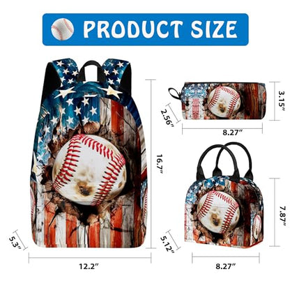 3PCS Backpack for Girls Boys,Teens Flag Baseball Back to School Backpack with Lunch Box Pencil Case, 17 Inch Lightweight Students Backpack 3 in 1 Set for Elementary Middle High School - color: American Flag Baseball