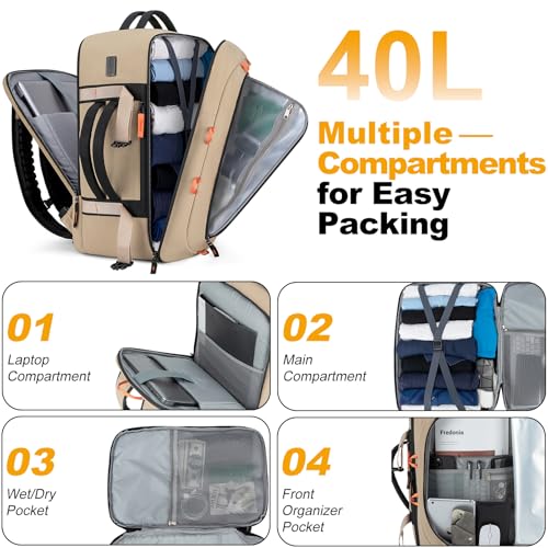 40L Travel Backpack,TSA Approved Carry On Backpack,Business Work Bag with Wet/Dry Compartment, Fits 17.3" Laptop, Duffel Bag for Men Women(Khaki) - color: Khaki
