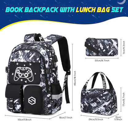 Scothen Boys Backpack, Cool Luminous School Backpack with Lunch Bag & Pencil Case, Kids Backpack for Kindergarten to Middle School, Black Graffiti, 25L, USB Charging Port - color: Black Graffiti