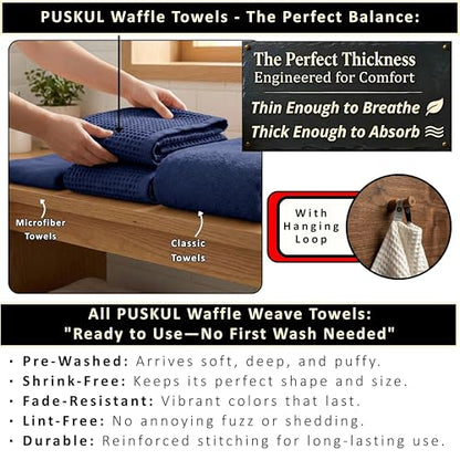 PÜSKÜL Natural 100% Turkish Cotton Navy Waffle Bath Towels Set of 2-Piece | 32x63 Extra Large Absorbent Quick-Dry Lightweight Spa Towel | Luxury Bathroom Towel (Navy Blue Bath Towels - Pack of 2) - color: Navy Blue
