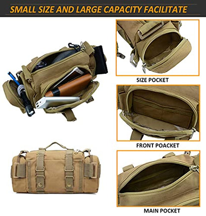 Tactical Duffel Bags for Men, 3P Military Molle Waist Fanny Packs EDC Utility Pouch Crossbody with Shoulder Strap Hand Carry - color: Tan