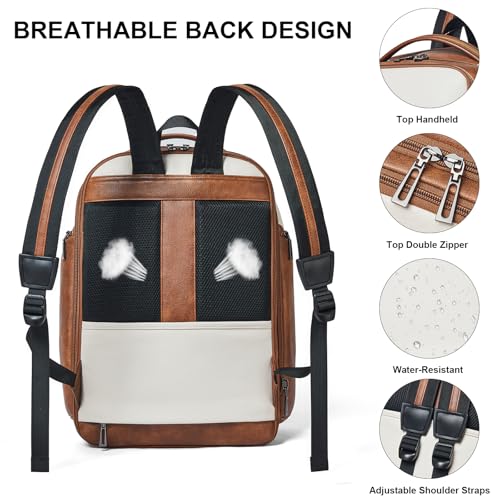 Shrrie Leather Backpack for Women, 17 Inch TSA Travel Backpack with USB Charger, 48L Expandable Large Capacity Computer Backpack Purse for Work Business Travel, Beige - color: Beige With Brown