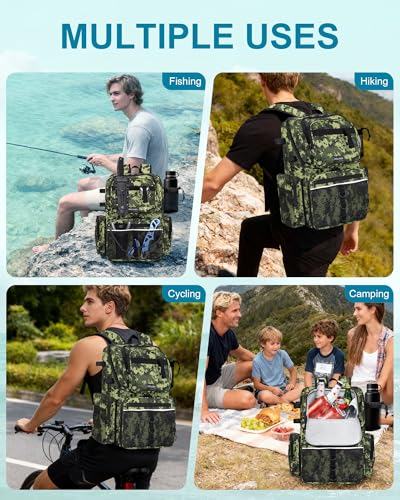 HXLGMD Fishing Backpack with Rod Holders, 43L Large Water Resistant Tackle Bag Storage Gear and Equipment with Cooler for Men Fishing, Camping, Hiking, Green - color: Green Camo