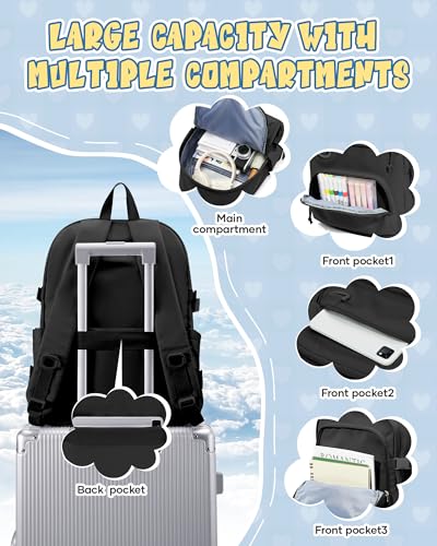 Black Lightweight Backpack for College & High School Backpack With Lots of Pockets Cute School Bag for Girls Boys, Large Capacity Bookbag for Women Men, Waterproof Teens Casual Daypack Backpack - color: Black