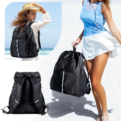 Large Beach Backpack w/Shoe Compartment &Detachable Ball Mesh Bag - color: Black