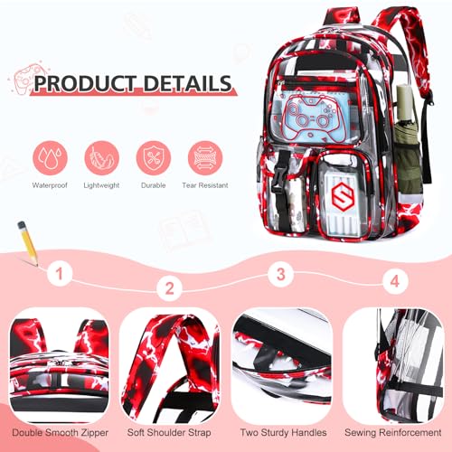 DIGOBAY 3PCS Cool Luminous Clear Backpack for Boys Kids, Gamer Clear Bookbag for School, See Through PVC Transparent Backpacks with Lunch Bag Pencil Case, Backpack Heavy Duty for School Stadium - color: Red Lightning
