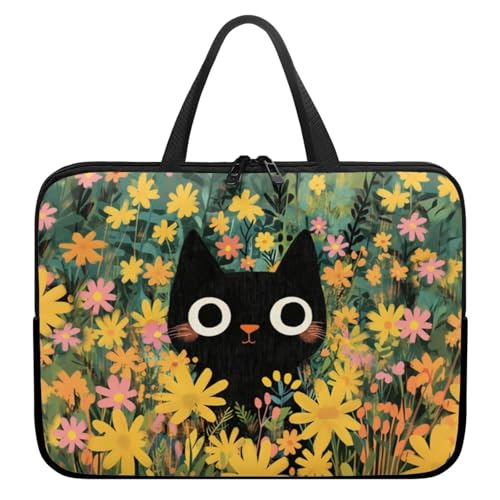 10 Inch Black Cat Flowers Laptop Sleeve Case, Sturdy Computer Bag Tablet Carrying Case with Handle, Tote Bags for Work/School/Travel, Large Capacity Notebook Messenger Briefcase - color: Black Cat Flowers, size: 10 Inch
