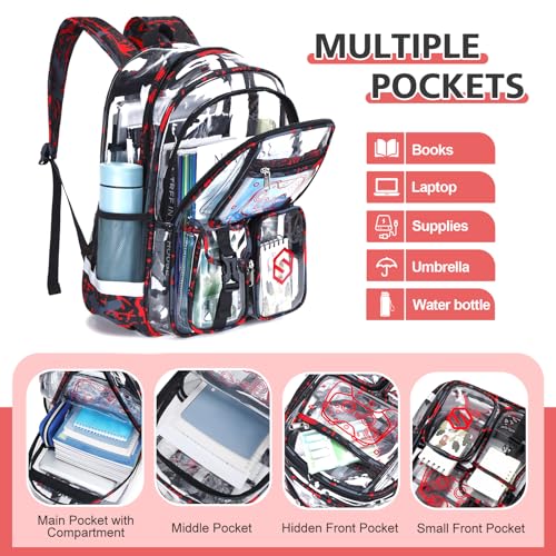 DIGOBAY 3PCS Cool Luminous Clear Backpack for Boys Kids, Gamer Clear Bookbag for School, See Through PVC Transparent Backpacks with Lunch Bag Pencil Case, Backpack Heavy Duty for School Stadium - color: Red Camo