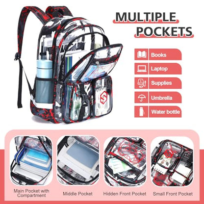 DIGOBAY 3PCS Cool Luminous Clear Backpack for Boys Kids, Gamer Clear Bookbag for School, See Through PVC Transparent Backpacks with Lunch Bag Pencil Case, Backpack Heavy Duty for School Stadium - color: Red Camo
