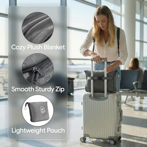 Travel Blanket, Soft 2-in-1 Airplane Blanket, 65x40 Inches, Travel Blanket Airplane Compact with Bag, Car Blanket with Luggage Sleeve & Backpack Clip (Light Grey) - color: Light Grey