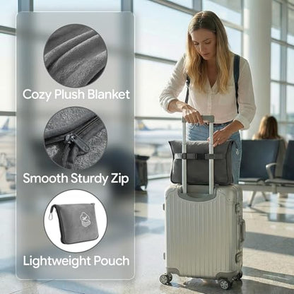 Travel Blanket, Soft 2-in-1 Airplane Blanket, 65x40 Inches, Travel Blanket Airplane Compact with Bag, Car Blanket with Luggage Sleeve & Backpack Clip (Light Grey) - color: Light Grey