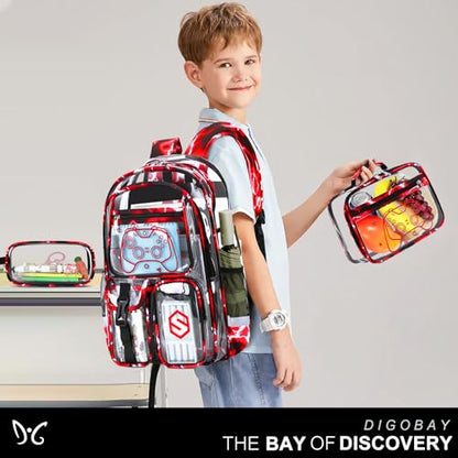 DIGOBAY 3PCS Cool Luminous Clear Backpack for Boys Kids, Gamer Clear Bookbag for School, See Through PVC Transparent Backpacks with Lunch Bag Pencil Case, Backpack Heavy Duty for School Stadium - color: Red Lightning