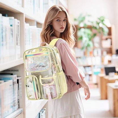 Clear Backpack for Girls Women, PVC Transparent School Backpacks See Through Bookbag for Stadium Sport Travel (Light Yellow) - color: Light Yellow