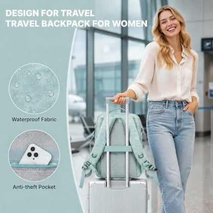 Travel Backpack for Women, PU Leather Carry On Backpack Flight Approved with Laptop Compartment, 40L Expandable Personal Item Travel Bag for Traveling Weekender Business (Light Blue) - color: Light Blue