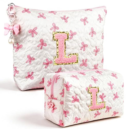 Initial Makeup Bag, Valentines Day Gifts for Women Teens Girls Birthday Gift Personalized Bow Cosmetic Bag, Quilted Cosmetic Travel Toiletry Pouch, Cute Makeup Organizer Teen Girl Gifts Trendy Stuff L - color: L