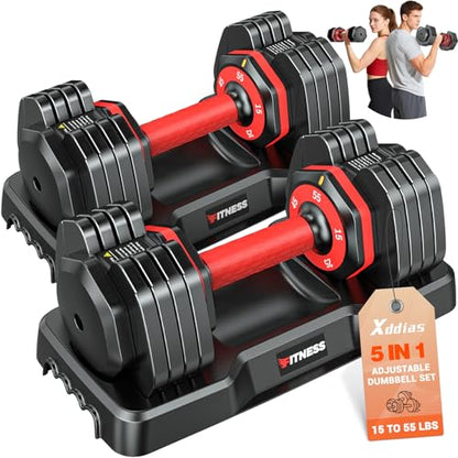 XDDIAS Adjustable Dumbbells Set of 2 for Strength Training, One-Hand Quick Adjust, 25/55/80/90 lbs Options, Anti-Slip Grip Handle, Compact Home Gym Weights for Men Women - color: Basic 5-Level 55LB Pair