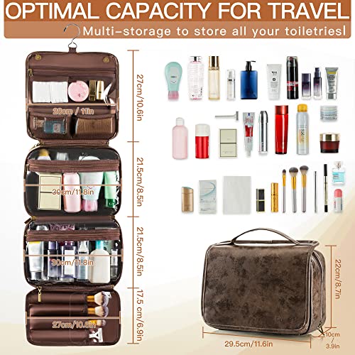 Elviros Hanging Toiletry Bag Removable Travel Bag PU leather Makeup Cosmetic Organizer Kit, Coffee - color: Coffee