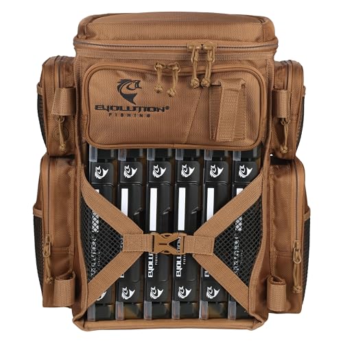 Evolution Fishing Drift Series Tackle Backpack, Outdoor Rucksack w/ 6 Fishing Tackle Trays, Heavy Duty - color: Coyote, size: 3600