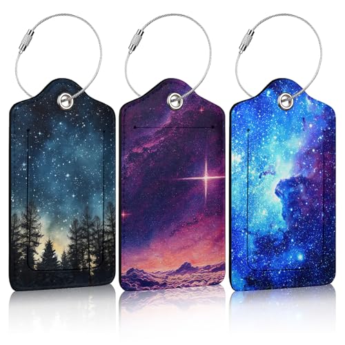 3 Pack Starry Sky Luggage Tags for Suitcase Galaxy Space PU Leather Travel Luggage Tag Privacy Cover ID Label for Women Men Baggage Backpack Handbag School Bag - color: Starry Sky