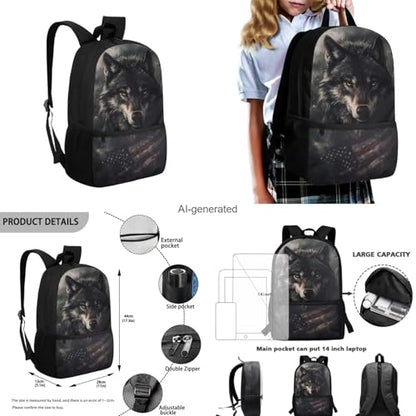 American Flag Wolf Backpack for Kids Boys Backpack with Lunch Box Water Bottle Bag and Soft Pencil Case 4PCS Set Bookbag with Front Pocket for School 17" Sturdy School Bag with Side Pocket - color: American Flag Wolf