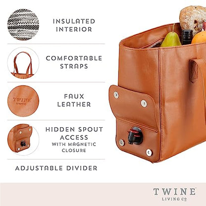 Twine Insulated Wine Cooler Bag, Faux Leather Tote with Insulated Liner, Shoulder Straps, Adjustable Divider, Silver Zipper, Tan, Set of 1 - style: Insulated Wine Tote Bag