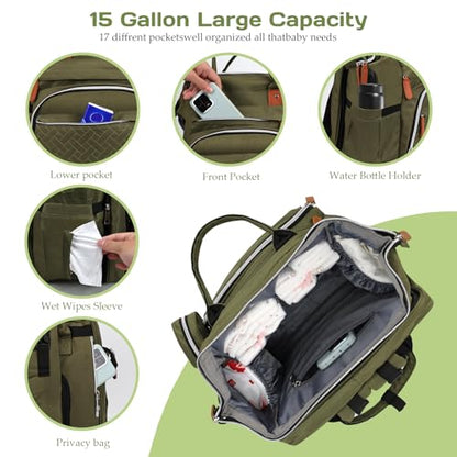 Diaper Bag Backpack for New Parents, Large Capacity Baby Travel Bag with Bottle Holders, Multiple Compartments (Green) - color: Green