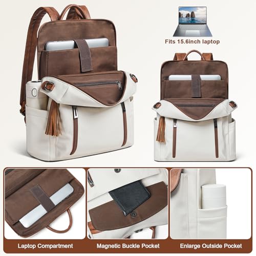 Shrrie Laptop Backpack for Women 15.6 inch,Travel Leather Backpack Purse Nurse Teacher Carry on Backpack Computer Bag,Professional Water-Resistant College Business Work Casual Daypack,Beige with Brown - color: Beige With Brown