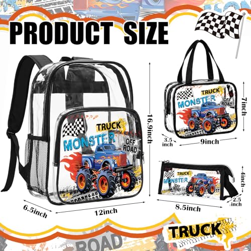 Kacctyen 3 Pcs Clear Backpack for Heavy Duty Clear Stadium Bag Transparent Backpack with Lunch Bag(Black,Monster Truck) - color: Black
