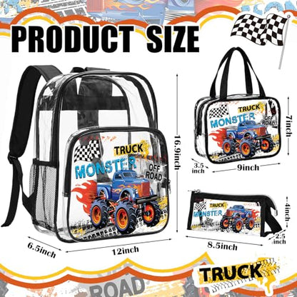 Kacctyen 3 Pcs Clear Backpack for Heavy Duty Clear Stadium Bag Transparent Backpack with Lunch Bag(Black,Monster Truck) - color: Black