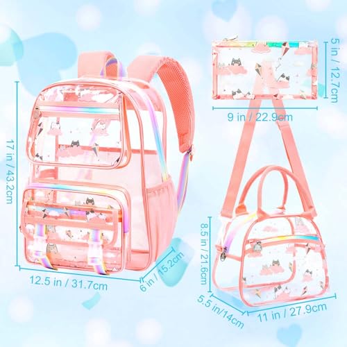 KLFVB Transparent Backpack Heavy Duty, 3PCS Girls See Through School Bag Set, Cute Clear Bookbag for Women - Cloud Cat Pink - color: Cloud Cat Pink Clear Backpack