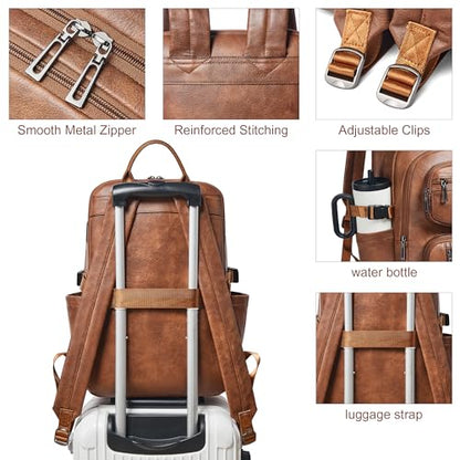 Vegan Leather Backpack, TSA Travel Backpack for Men and Women, Fits 17.0 Inch Laptop with Luggage Strap, Brown - color: Brown