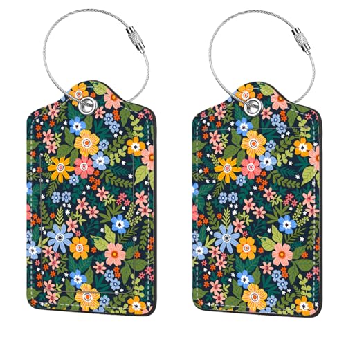 2 Pcs Luggage Tags for Suitcase, Cute Unique PU Leather Travel Bag Tag with Privacy Cover ID Label Address Card and Durable Metal Ring Suitable for Men Women Children Backpack,Flower - color: Flower