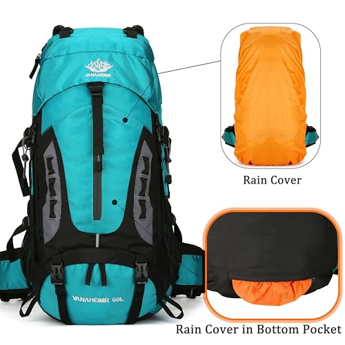 YFREAL 60L Travel Hiking Camping Backpack with Rain Cover,Backpack Water Resistant,Climbing Backpack for Men Women (LIGHT BLUE) - color: Light Blue