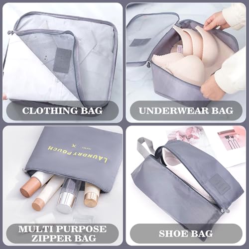 8 Set Packing Cubes for Travel Luggage Packing Bags Reusable Waterproof Suitcase Organizer Cubes Set with Shoe Bag and Toiletry Bag (Grey) - color: Grey