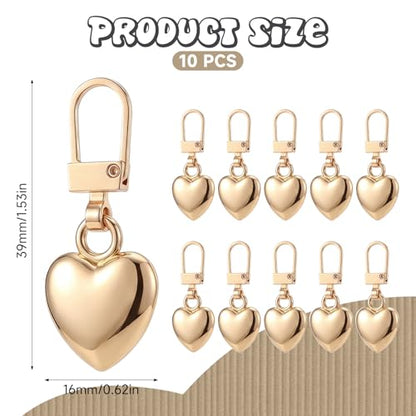 10 Pcs Heart Shaped Zipper Pull Replacement Gold Heart Zipper Pull Charm Metal Backpack Zippers Mend Fixer Repair Padlock Bag Charms for Women Handbag Purse Gift Coats Jackets Pants Luggage Fasteners