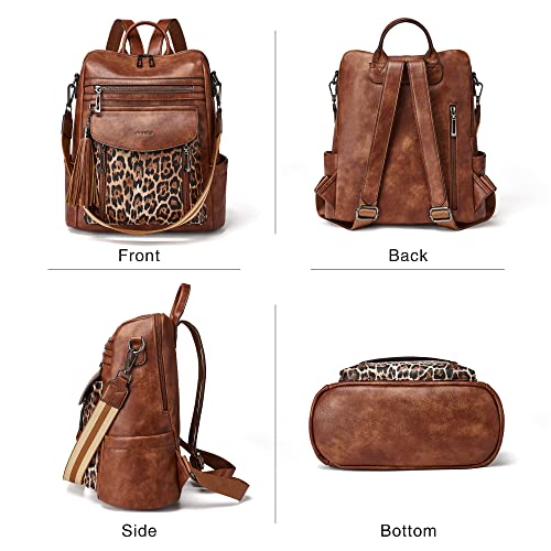 Shrrie Backpack Purse for Women Fashion Leather Backpack Purse Designer Travel Backpack Convertible Shoulder Bag with Wristlet - color: 1-9 Brown With Leopard