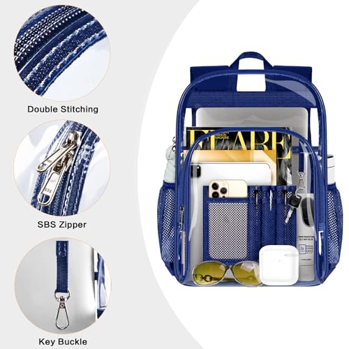 PAMANO Clear Backpack, Heavy Duty Transparent Reinforced Bottom See Through for College, Travel Work Security - color: Navy