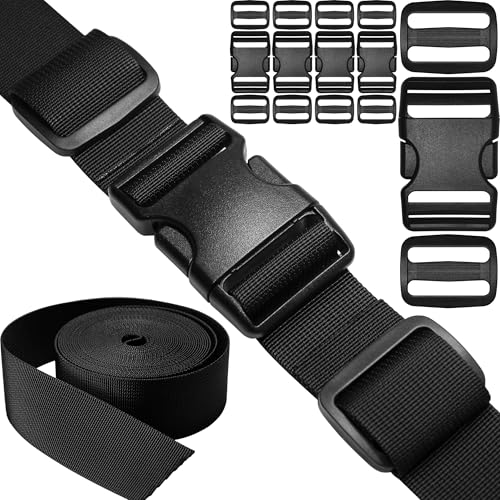 1-1/2 inch Straps Buckles Set: 6 yard Nylon Webbing Strap 1.5" Wide, 5 pack Side Release Plastic Buckle, 10 pcs Tri-glide Slide Clip, Heavy Duty Quick Snap Fasteners Dual Adjustable No Sew Required - size: 1-1/2" x 6 yd Strap + 5 pack Buckles