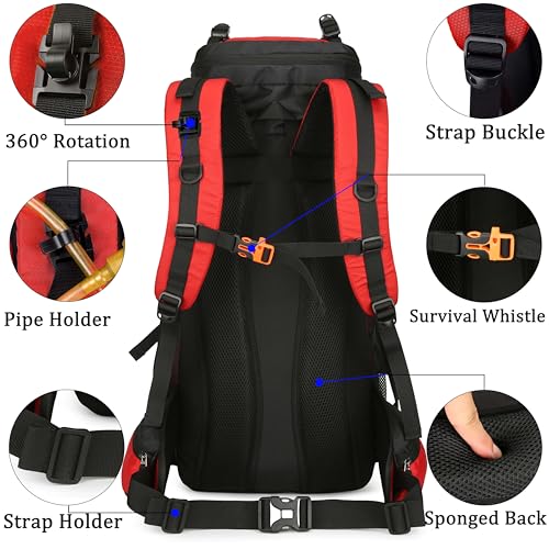YFREAL 60L Travel Hiking Camping Backpack with Rain Cover,Backpack Water Resistant,Climbing Backpack for Men Women (RED) - color: Red