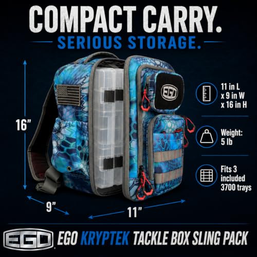 Ego Kryptek Tactical Fishing Sling Pack with 3 Tackle Trays, Camo | 1000D Nylon, Rod Holder, Molle Loops, Water Resistant Storage, Bottle Holder - color: Pontus, size: Sling Bag - Regular