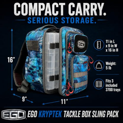Ego Kryptek Tactical Fishing Sling Pack with 3 Tackle Trays, Camo | 1000D Nylon, Rod Holder, Molle Loops, Water Resistant Storage, Bottle Holder - color: Pontus, size: Sling Bag - Regular