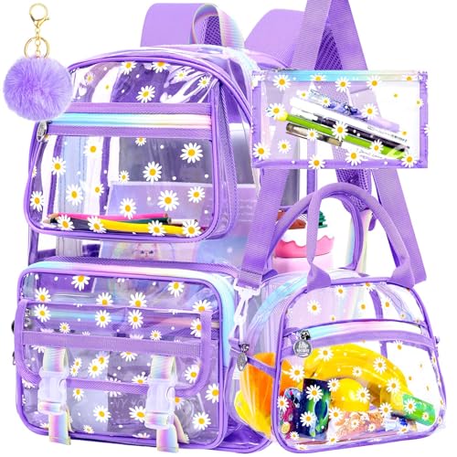 KLFVB Transparent Backpack Heavy Duty, 3PCS Girls See Through School Bag Set, Cute Clear Bookbag for Women - Chrysanthemum Purple - color: Chrysanthemum Purple Clear Backpack